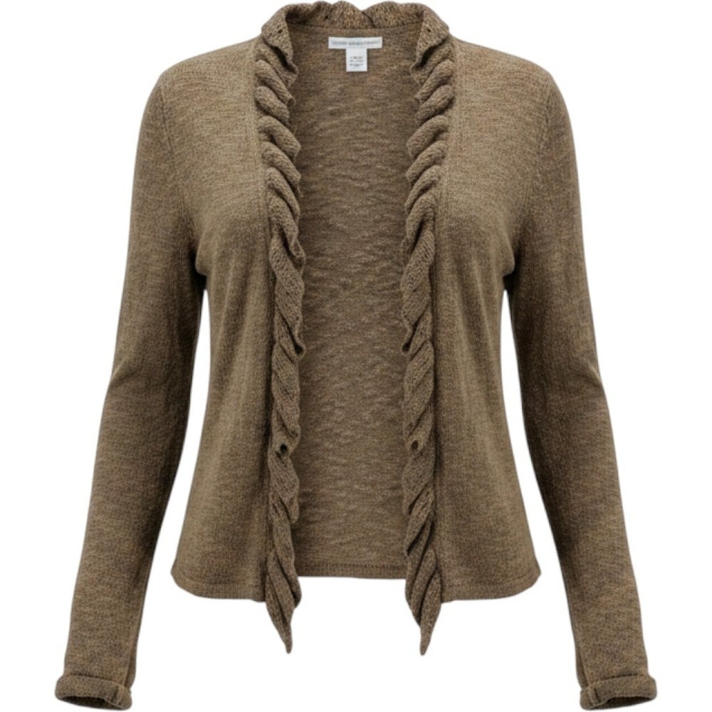 Sarah Spencer Cardigan Womens Medium Sweater Brown Ruffle Open Front Knit 7037